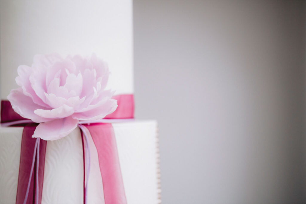 Contemporary 2 tier white wedding cake with pink sugar flowers and silk ribbon | Louise Hayes Cake Design, Luxury wedding cakes in the Home Counties and London | Meghan Daisy Photography