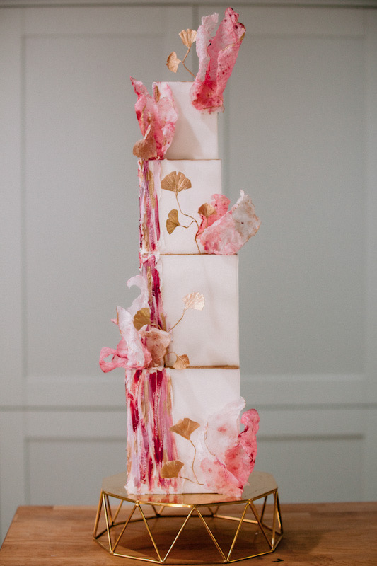 4 tier modern square wedding cake with wafer paper shards and gold leaves | Louise Hayes Cake Design | Photo by Meghan Claire Photography