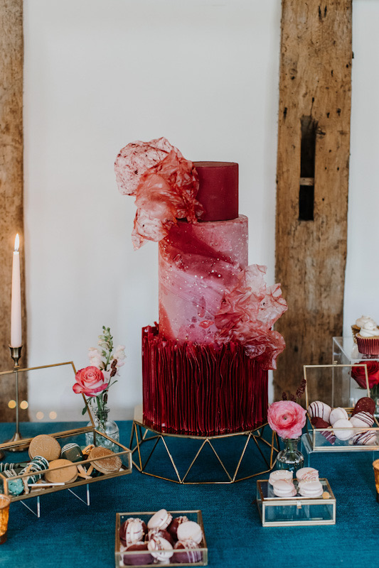 Cosy glam Surrey winter wedding | Contemporary wedding cake with dessert table | Melissa Megan Photography | Louise Hayes Cake Design