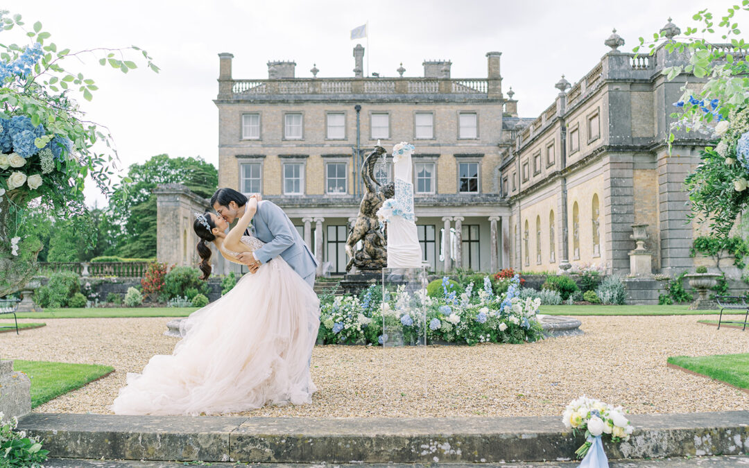 Statement cake, gorgeous gowns and all the florals for a luxury Wedgewood inspired shoot at Somerley House